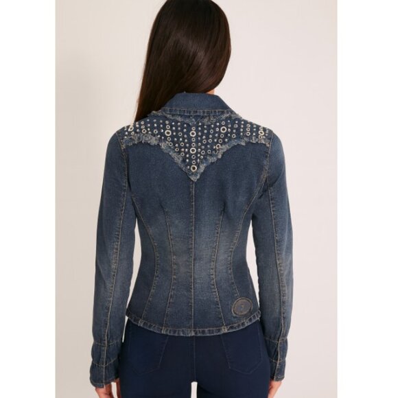 Parasuco Ergonomic jeans Denim Jacket Ruffled Jean Coat Rhinestones SZ L - Picture 2 of 9